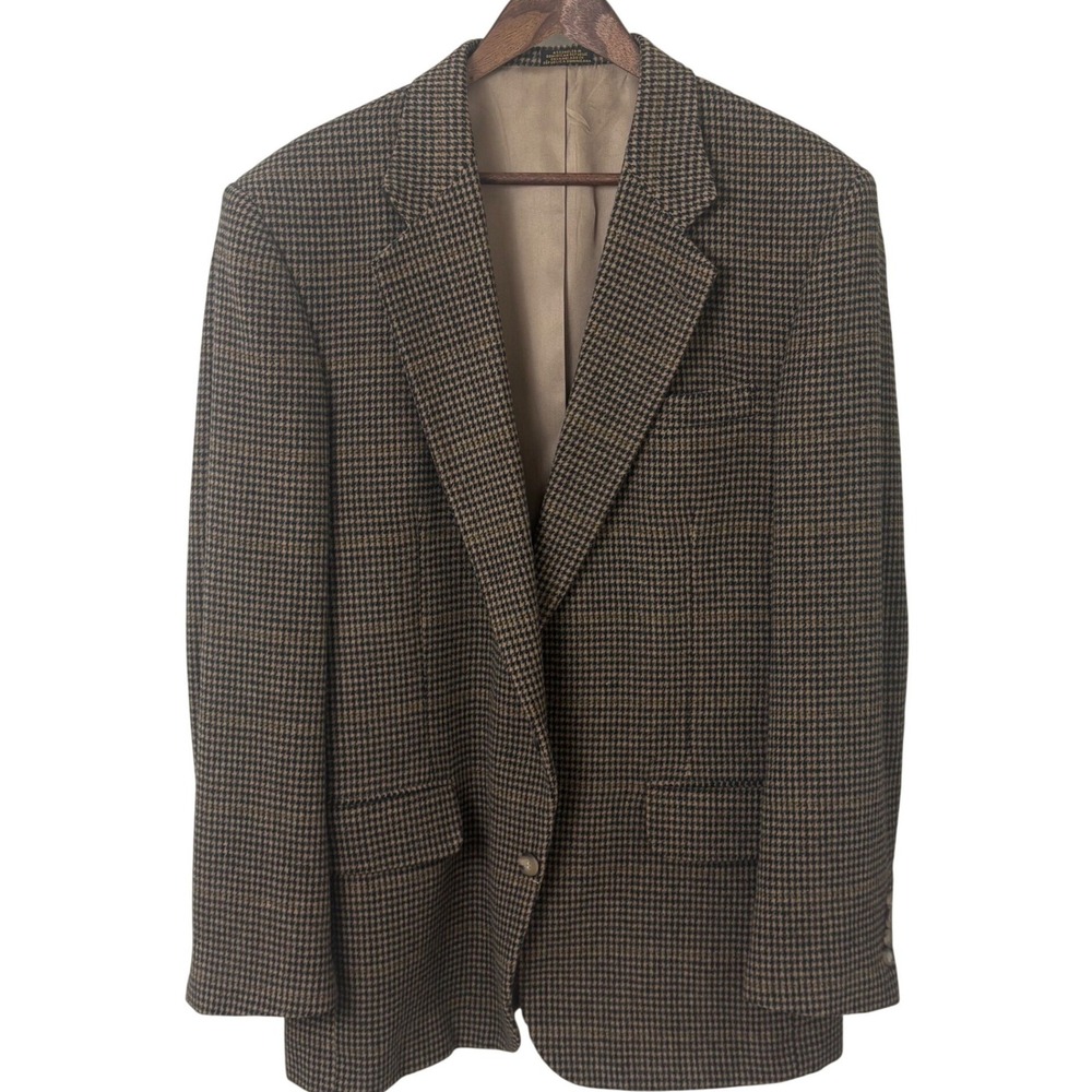 Stafford Blazer Men46L Tan Black Houndstooth Plaid Sport Coat 2B Wool Camel Hair